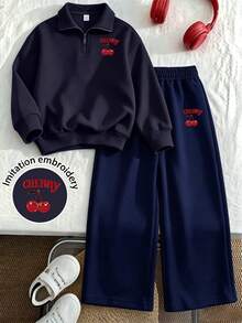 2pcs Set Suitable For Girls And Tween GirlsHalf-Zip Sweatshirt And Wide Leg Pants, Loose Fit Stand Collar Sweatshirt With Applique Embroidery Red Cherry Pattern And Loose Wide Leg Pants Matching Set, Suitable For Autumn/Winter Daily Wear - Multicolor - View 2