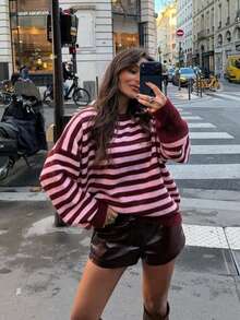 SEREN 新款秋冬深V領長袖女款針織毛衣，條紋寬鬆版型，休閒風格，適合約會穿搭 - 酒紅色 - 查看 4
