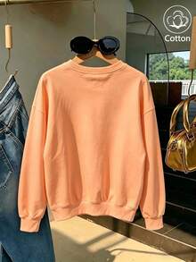 Women Cotton Crew Neck Loose Sweatshirt For Autumn Pink Striped White Duck Print WHAT THE Casual Street Sport Style - Hami Melon Orange - View 6