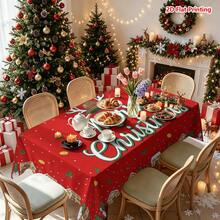 1件紅色背景聖誕主題桌布，中央手寫「Merry Christmas」文字搭配鹿角帽裝飾，周圍環繞小屋、雪人、聖誕樹、禮物盒、冬青葉與金箔點綴，適用於廚房餐桌布置、餐廳裝飾、野餐露營、派對場景、農舍風裝飾、桌面美化與營造節日氛圍 - 彩色 - 查看 6