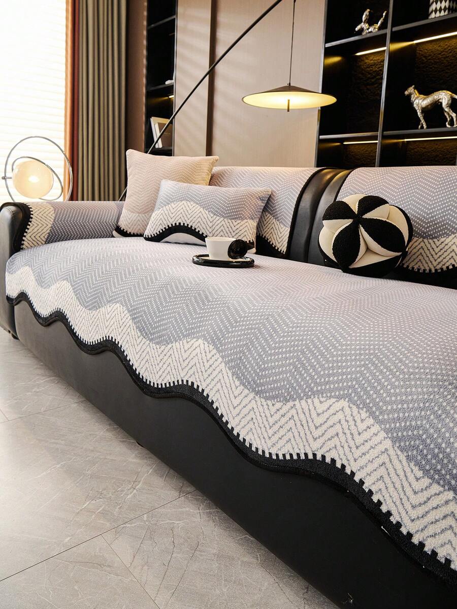 1pc Flannel Luxury Minimalist Wavy Edge Sofa Cushion 1234 Seat Sofa Seat Pad Armrest Backrest Pad Non-Slip Sofa Cover All Season - Grey - View 1