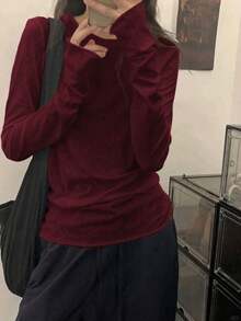 韓式慵懶休閒捲邊長袖T恤，薄款修身顯瘦打底上衣 - 紅色 - 查看 6