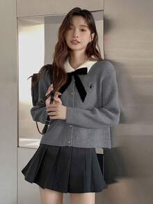 秋冬大學風拼接配色蝴蝶結領長袖刺繡女款開襟針織衫，街頭風 - 深灰色 - 查看 5