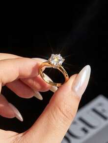1pc Moissanite Ring Classic 1CT 6-Prong Solitaire Diamond Ring, Suitable For Women's Engagement And Wedding - Gold - View 3