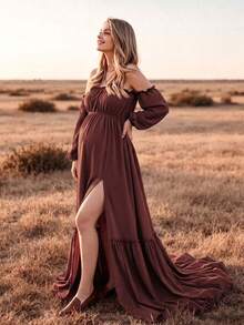 Bump Style Bohemian Maternity Cold Shoulder Dress, Bishop Sleeves, Ruffle Hem, Long Woven Fabric Dress, Suitable For Photography - Coffee Brown - View 4