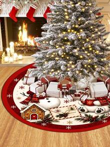 1pc Red Christmas Tree Skirt With Snowman And Bear Pattern, Classic Red Trim Snowflake Design, Round Base, Suitable For Standard Size Christmas Tree; Ideal For Winter Party And Home Holiday Decoration, Perfect Christmas Tree Accessory - Multicolor - View 1