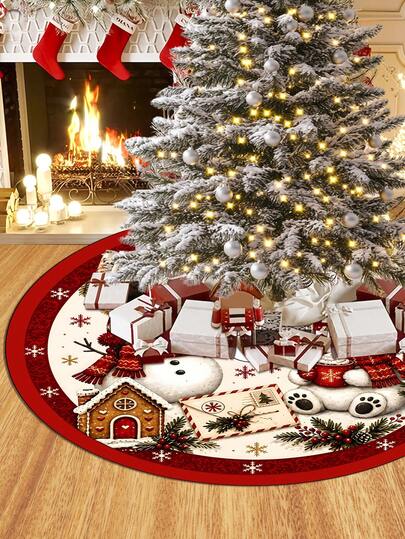 1pc Red Christmas Tree Skirt With Snowman And Bear Pattern, Classic Red Trim Snowflake Design, Round Base, Suitable For Standard Size Christmas Tree; Ideal For Winter Party And Home Holiday Decoration, Perfect Christmas Tree Accessory