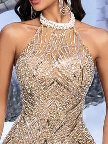 LUVISTRUE Women's Romantic Glamorous Runway Style Sleeveless Mesh Sequin Mermaid Long Formal Evening Gown, Suitable For Prom, Homecoming, Graduation, Wedding Guest, Cocktail Party - Champagne - View 7