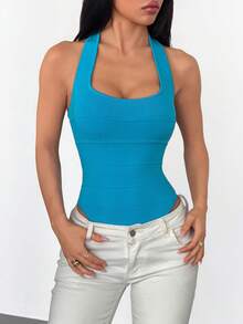 Women's Square Neck Knit Jumpsuit, Square Neck Sleeveless Fitted Solid Color Basic Outerwear Tank Jumpsuit - Blue - View 6