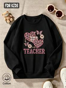 Children's Casual Round-Neck Sweatshirt, Long-Sleeve Round-Neck Sweatshirt With Leopard-Print Heart Design - Black - View 3