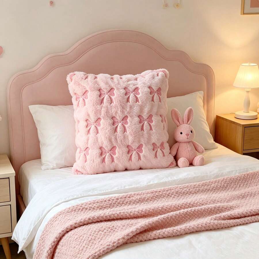 1/2pcs Bowknot Plush Embroidered Throw Pillow Covers, Sofa Cushion Covers, Without Pillow Insert, Suitable For Bedroom, Living Room, Holiday Gift - Pink - View 1