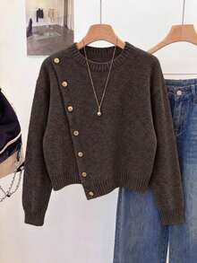 Elegant Women's Grey Long Sleeve Sweater, Rib-Knit With Stylish Asymmetrical Design And Gold Button Embellishments For Fall Winter - Brown - View 5