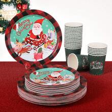 10/30/50pcs Christmas Disposable Paper Tableware Set (Includes 7-Inch And 9-Inch Plates, Paper Cups, Featuring Santa Claus, Reindeer, Sleigh, Gift And Mint Green Buffalo Plaid Design, Suitable For Christmas Party, Holiday Dinner, Winter Celebration And Holiday Table Setting) - Multicolor - View 4