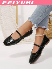 PEIYUMI Autumn Square Toe Mary Jane Flats, Black Crocodile Embossed Soft PU, Comfortable And Soft, Suitable For Daily Commute, Versatile - Black - View 4