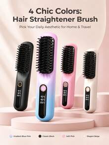 Wireless Negative Ion Straightening Comb, 2-In-1 Straightening & Curling Hot Comb, 3 Temperature Settings 160℃/180℃/200℃, 5D Ceramic Teeth, Type-C Charging Portable Women's Hair Styling Tool, Suitable For Daily & Travel Styling - B - View 1