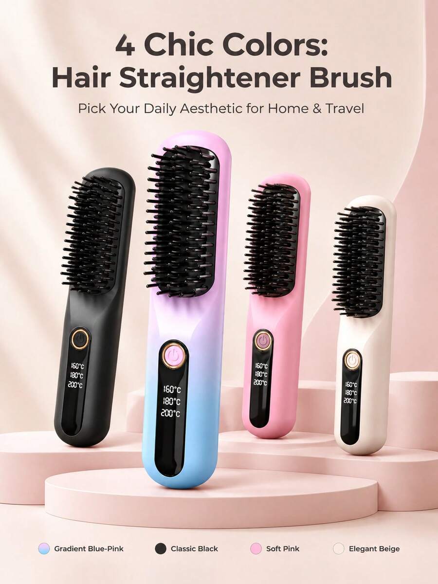 Wireless Negative Ion Straightening Comb, 2-In-1 Straightening & Curling Hot Comb, 3 Temperature Settings 160℃/180℃/200℃, 5D Ceramic Teeth, Type-C Charging Portable Women's Hair Styling Tool, Suitable For Daily & Travel Styling - B - View 1