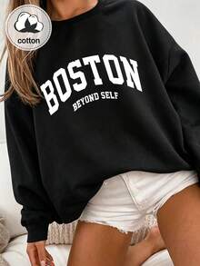 Women's Crew Neck Pullover Sweatshirt, Casual English Letter Print, Suitable For Graduation Season And Daily Wear - Black - View 5