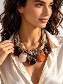 Vintage Brown Textured Necklace, Metal Butterfly & Flower Decor Choker Necklace, Minimalist Luxury Fashion Neck Chain - Brown - View 3