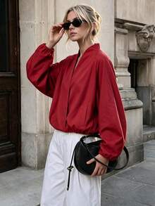 French Style Overlap V-Neck Solid Color Jacket, Slouchy Dropped Shoulder Long Sleeve Loose Fit Casual Commuter Top For Women - Red - View 2