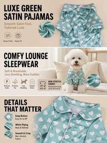 Satin Pet Pajamas, Breathable Comfortable Green Base Heart Print Dog & Cat Clothes, Non-Elastic Loungewear, Suitable For Small Dogs Teddy Bichon, All-Season Wear, Size Runs Small, Recommend Choosing 1-2 Sizes Larger - Green - View 3