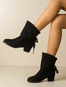 Black Suede Folding Short Boots For Women With A Back Strap, Thick Heel And Ankle, Gentle Style, Versatile For Commuting In Autumn And Winte - Black - View 1