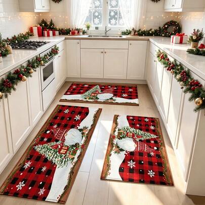 1pc Soft Faux Cashmere Material Floor Mat, Christmas Holiday Red Plaid Cartoon Decorative Rug, Kitchen Entrance Door Mat, Bedroom Door Anti-Slip Mat, Bathroom Non-Slip Mat, Festive Atmosphere Entryway Mat, Suitable For Multiple Scenes Anti-Slip Floor Mat, Room Decor, Holiday Gift
