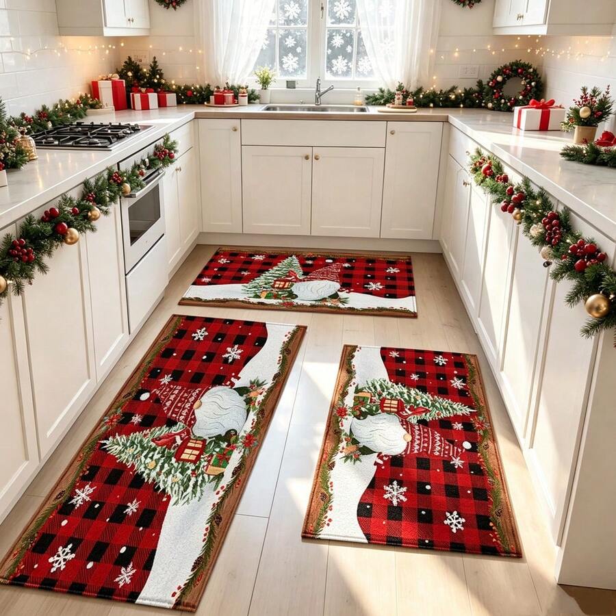1pc Soft Faux Cashmere Material Floor Mat, Christmas Holiday Red Plaid Cartoon Decorative Rug, Kitchen Entrance Door Mat, Bedroom Door Anti-Slip Mat, Bathroom Non-Slip Mat, Festive Atmosphere Entryway Mat, Suitable For Multiple Scenes Anti-Slip Floor Mat, Room Decor, Holiday Gift - Multicolor - View 1