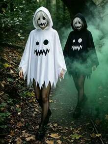 1pc Halloween Ghost Hooded Costume Adult Funny Pumpkin Face Cape Cosplay Outfit Prop - White - View 5