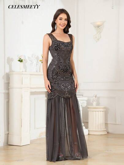 Elegant Luxurious Vintage Gray Accented Sleeveless Evening Gown, Suitable For Parties, Gatherings, Holidays, Dates, Wedding Guests