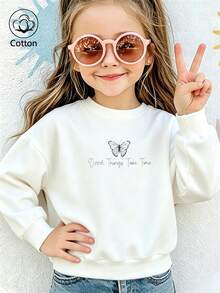 Kids Cotton Crewneck Sweatshirt With Blue Butterfly & "Good Things Take Time" Print, Long Sleeve Pullover - White - View 2