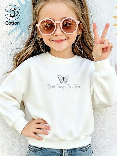 Kids Cotton Crewneck Sweatshirt With Blue Butterfly & "Good Things Take Time" Print, Long Sleeve Pullover
