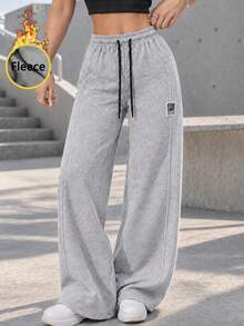 Women Thermal Lined Wide Leg Full Length Pants With Drawstring Elastic Waist Relaxed Fit Casual Sweatpants For Daily Wear. - Grey - View 1