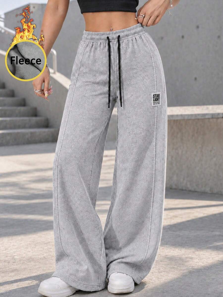 Women Thermal Lined Wide Leg Full Length Pants With Drawstring Elastic Waist Relaxed Fit Casual Sweatpants For Daily Wear. - Grey - View 1