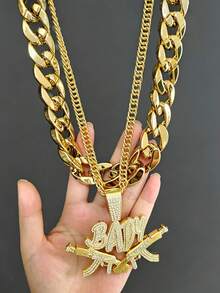 2pcs/Set Letter BABY Machine Gun Shaped Hip Hop Punk Necklace Exaggerated Men's Gold Chain Set, Vintage Punk Style, Suitable For Party, Gathering, Halloween, COS - Gold - View 3