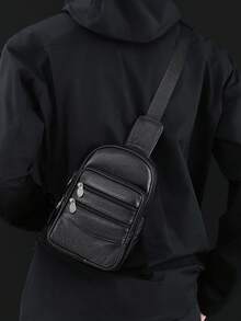 Men's Lychee Patterned PU Leather Chest Bag With Multiple Zippers And Layered Design, Casual Cycling Single Shoulder Crossbody Bag - Black - View 1