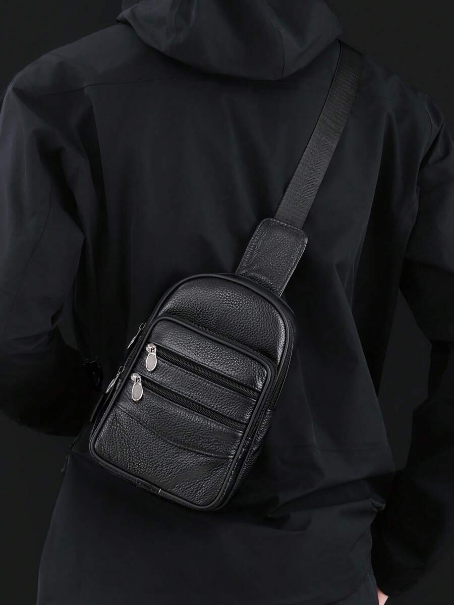 Men's Lychee Patterned PU Leather Chest Bag With Multiple Zippers And Layered Design, Casual Cycling Single Shoulder Crossbody Bag - Black - View 1