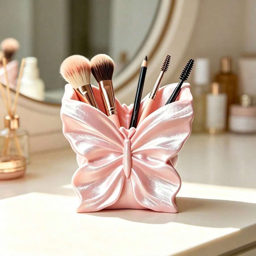 1pc 3D Printed Butterfly Makeup Brush Holder, Highly Attractive Desktop Cosmetic Storage Box, Multi-Function Storage Bucket, Suitable For Eyebrow Pencil, Earrings Jewelry, Vanity Decor Christmas - Multicolor - View 1