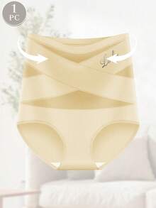 MEIYATING 1pc High Waist Tummy Control Women's Panties, Mesh Criss-Cross Design, Ice Silk Seamless Triangle Panties, Body Shaping And Butt Lifting - Apricot - View 4