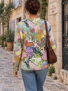 New Women's Fashion Long-Sleeved Round Neck Pullover Sweater, Unique Printed Pattern, Soft And Comfortable, Autumn And Winter Style, Daily Wear - Multicolor - View 5