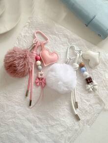 Korean Cute Fluffy Pom-Pom Beaded Keyring, Carabiner Phone Lanyard Bag Accessory - Multicolor - View 5