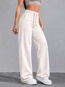 Women High Waist Wide Leg Pants Loose Fit Casual Trousers With Drawstring Waist Solid Color Pants For Everyday Outfit. - White - View 7