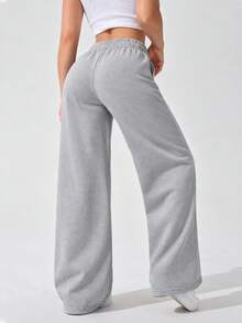 Women's Thermal Lined High Waist Wide Leg Sweatpants With Drawstring Relaxed Fit Casual Lounge Pants For Everyday Wear. - Grey - View 5