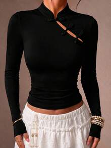 Women's Solid Color Frog Button Design Long Sleeve Casual Top - Black - View 3