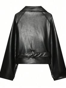 Women's Solid Color PU Leather Long Sleeve Single-Breasted Tie Waist Autumn/Winter Fashion Casual Jacket Fall - Black - View 5