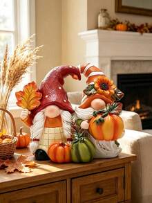 Autumn Couple Figurines - Cute Pumpkin Home Decor, Suitable For Halloween And Thanksgiving Tabletop Display; Perfect For Living Room Fireplace Mantel Or Bookshelf, Creating A Rustic Autumn Atmosphere Decorative Piece. - Multiple Styles - View 5