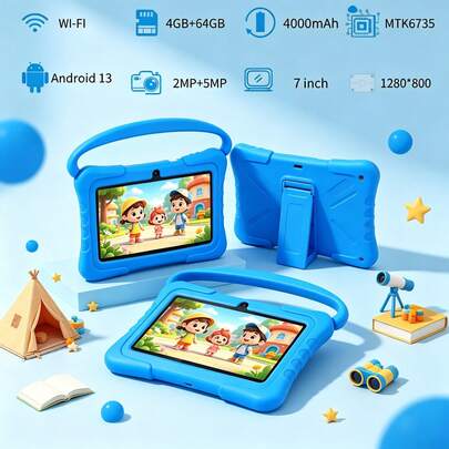 4GB RAM + 64GB ROM / Tableta de 7 pulgadas / Quad-Core 1.3GHz / Android 13 MTK6735 / Pantalla IPS HD 1280x800 / Cámara 2MP+5MP / Batería 4000mAh / WiFi, Control Parental, Educación, Juegos / Plástico ABS + Silicona, Tableta Educativa