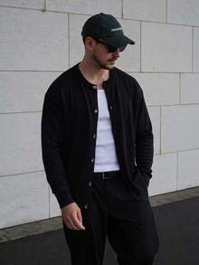 Lookun Men's Round Neck Single-Breasted Knit Cardigan Loose Drop Shoulder Minimalist Long Sleeve Sweater Jacket Autumn/Winter - Black - View 11
