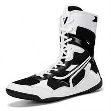 Men's High-Top Boxing Shoes, Non-Slip Breathable Martial Arts Wrestling Shoes, Rubber Sole Indoor Boxing Training Shoes - Black and White - View 1