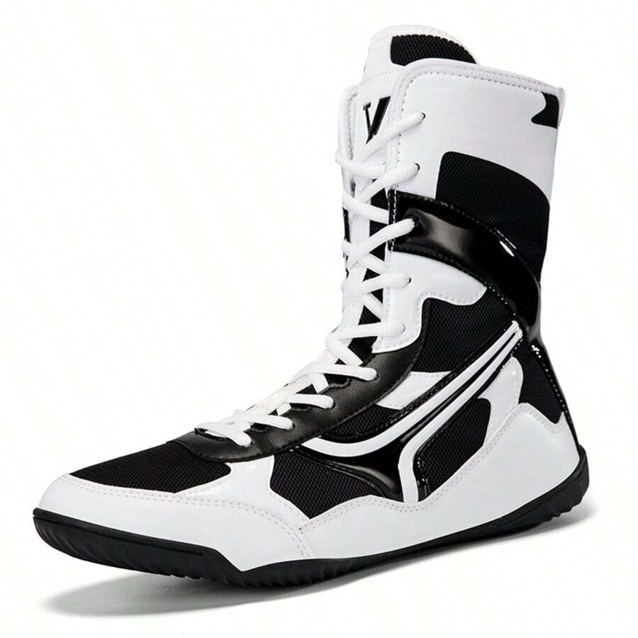 Men's High-Top Boxing Shoes, Non-Slip Breathable Martial Arts Wrestling Shoes, Rubber Sole Indoor Boxing Training Shoes - Black and White - View 1