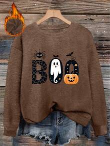 Women's Casual Long-Sleeve Sweater [Halloween] – "BOO" Graphic Print (Spider, Pumpkin, Ghost) – Crew Neck – Simple & Fun Style – Plus Size - Dark Ochre - View 1